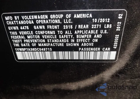 2013 Volkswagen Passat 2.5L Se из США, поврежденный, VIN 1VWBP7A36DC049713